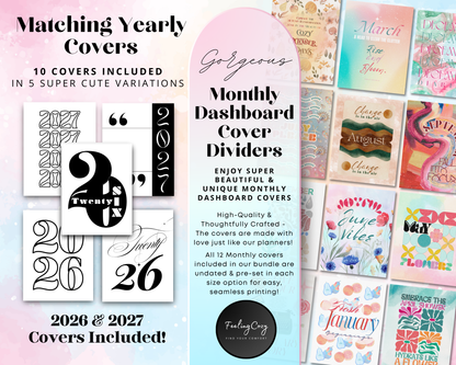 Matching yearly covers and monthly dashboard cover dividers for Happy Planner templates. Includes 10 printable cover variations for 2026 and 2027 with unique floral and aesthetic monthly designs for Classic and Big Happy Planner sizes.