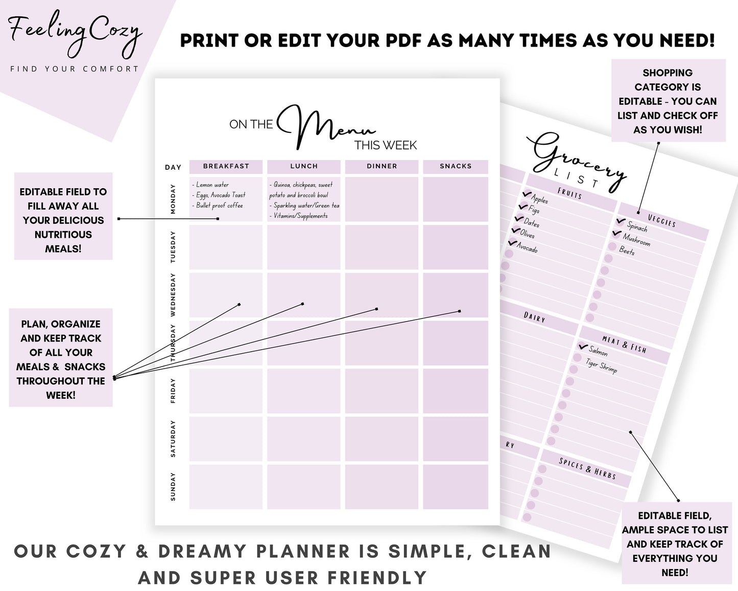 Meal Planner & Grocery List (Purple) | Printable & Editable Version Included