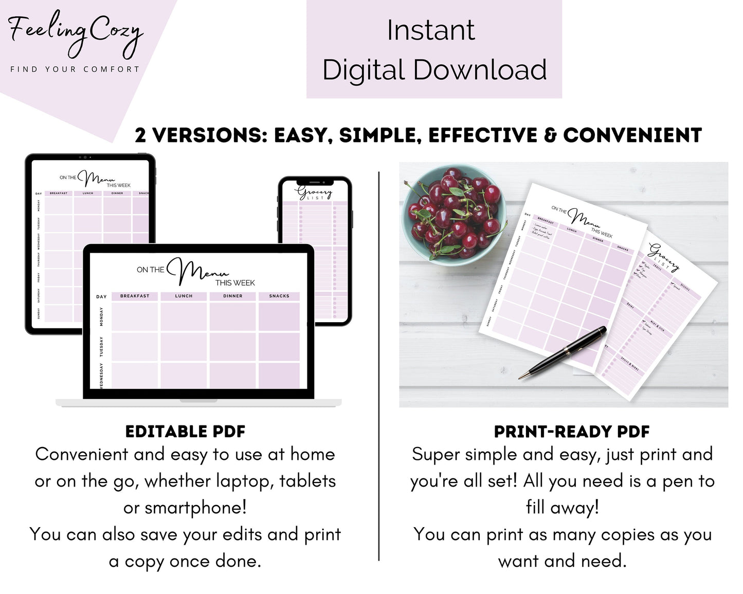 Meal Planner & Grocery List (Purple) | Printable & Editable Version Included