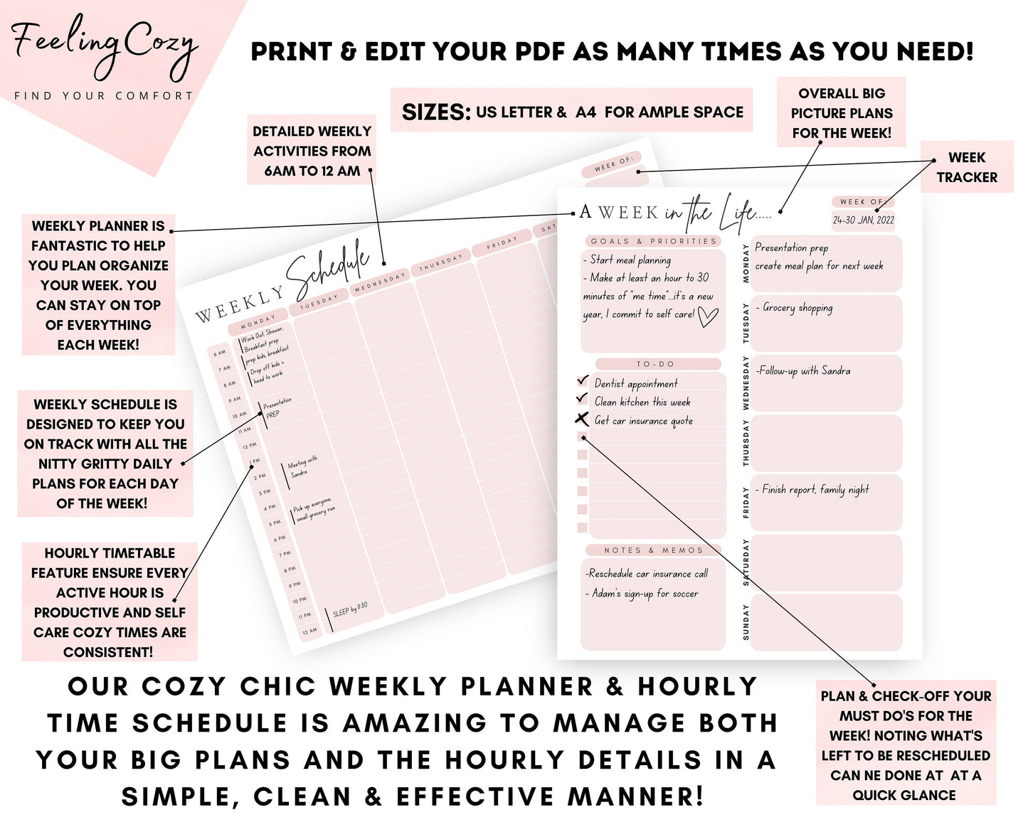 Weekly, Hourly Planner & Schedule (Pink) | Digital Printable PDF Planner
