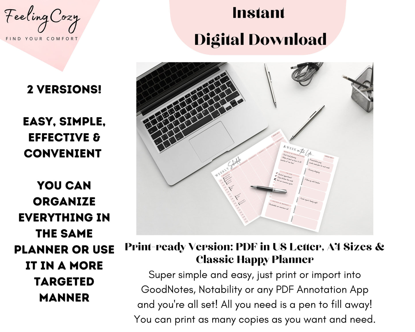 Weekly, Hourly Planner & Schedule (Pink) | Digital Printable PDF Planner