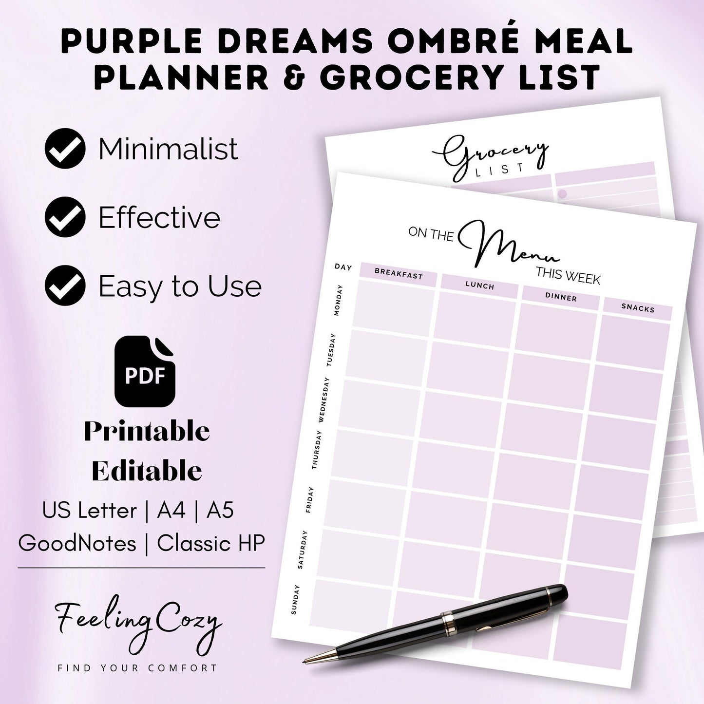 Meal Planner & Grocery List (Purple) | Printable & Editable Version Included