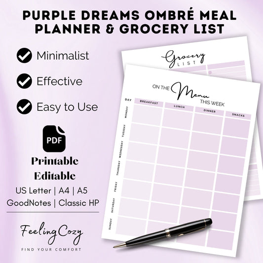 Meal Planner & Grocery List (Purple) | Printable & Editable Version Included