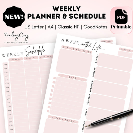 Weekly, Hourly Planner & Schedule (Pink) | Digital Printable PDF Planner