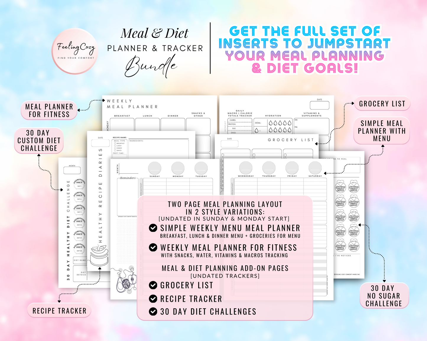 Meal and diet planner tracker bundle for Happy Planners. Includes printable grocery lists, recipe trackers, 30-day no sugar and custom diet challenges, and two-page weekly menu planning layouts with Sunday and Monday start options in a minimalist style.