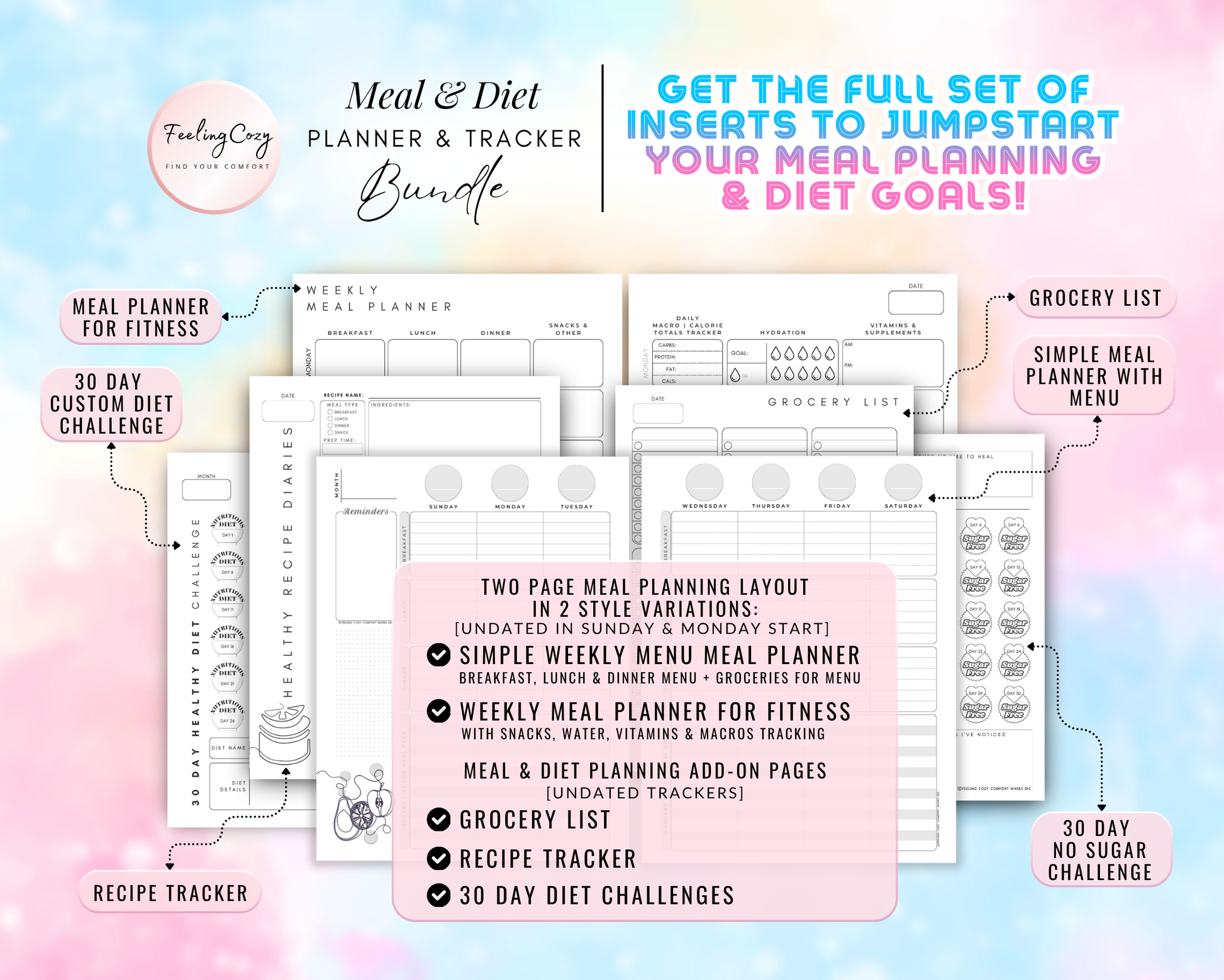 Meal and diet planner tracker bundle for Happy Planners. Includes printable grocery lists, recipe trackers, 30-day no sugar and custom diet challenges, and two-page weekly menu planning layouts with Sunday and Monday start options in a minimalist style.