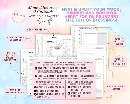Mindset recovery and gratitude layout bundle for Happy Planners. Includes a monthly mood tracker, positive mindset worksheets, 4-week mental glow-up challenge, and weekly gratitude journal reflections with Sunday and Monday start options in minimalist black and white.