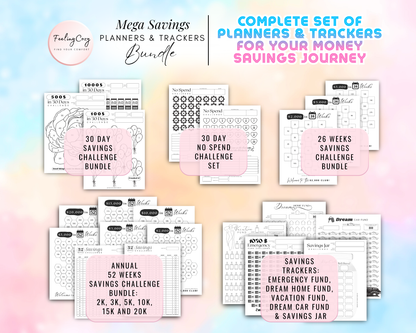 Mega savings planners and trackers bundle for Happy Planners. Includes 30-day savings challenges, 26-week and 52-week savings bundles ranging from $2k to $20k, and a 30-day no-spend challenge set. Features emergency fund, vacation fund, and dream home trackers in minimalist black and white.