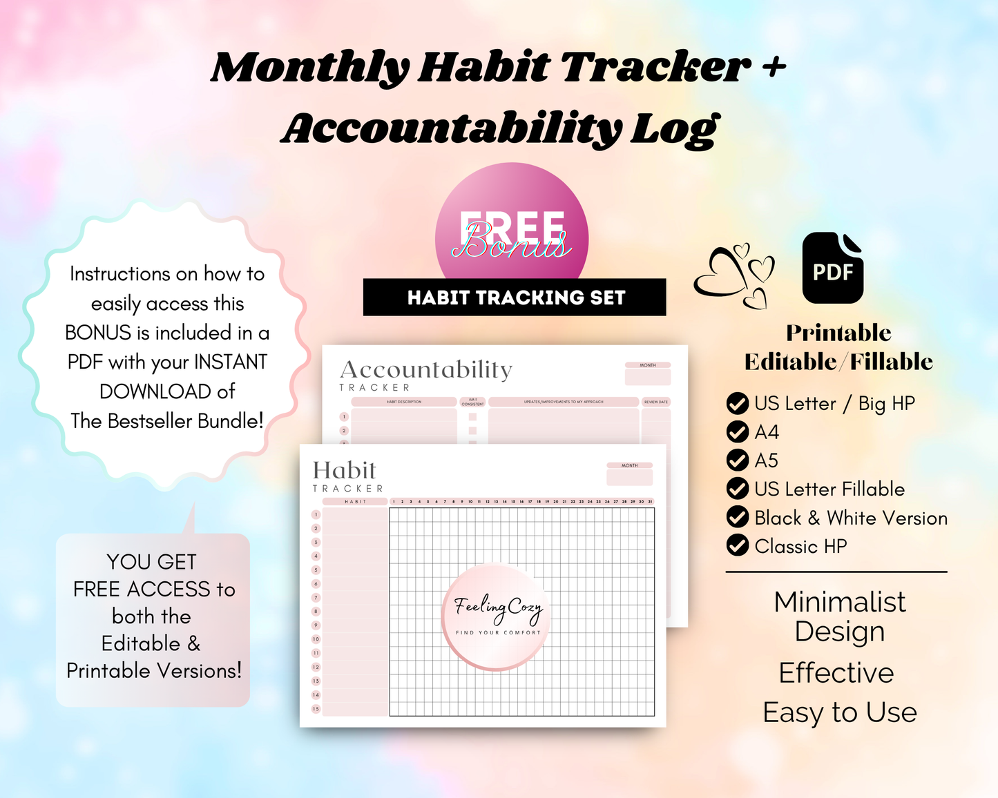 Monthly Habit Tracker and Accountability Log bonus for Happy Planners. Includes both printable and editable/fillable PDF versions in US Letter, A4, A5, and Classic Happy Planner sizes. Minimalist black and white design with a custom habit tracking grid and focus sections.