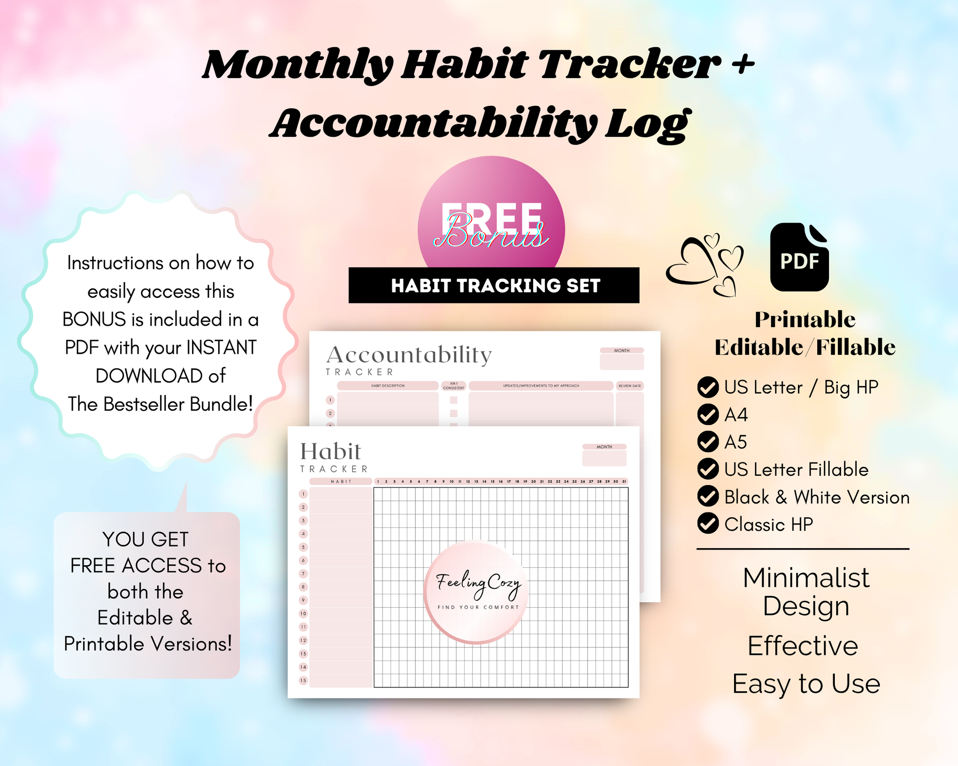 Monthly Habit Tracker and Accountability Log bonus for Happy Planners. Includes both printable and editable/fillable PDF versions in US Letter, A4, A5, and Classic Happy Planner sizes. Minimalist black and white design with a custom habit tracking grid and focus sections.