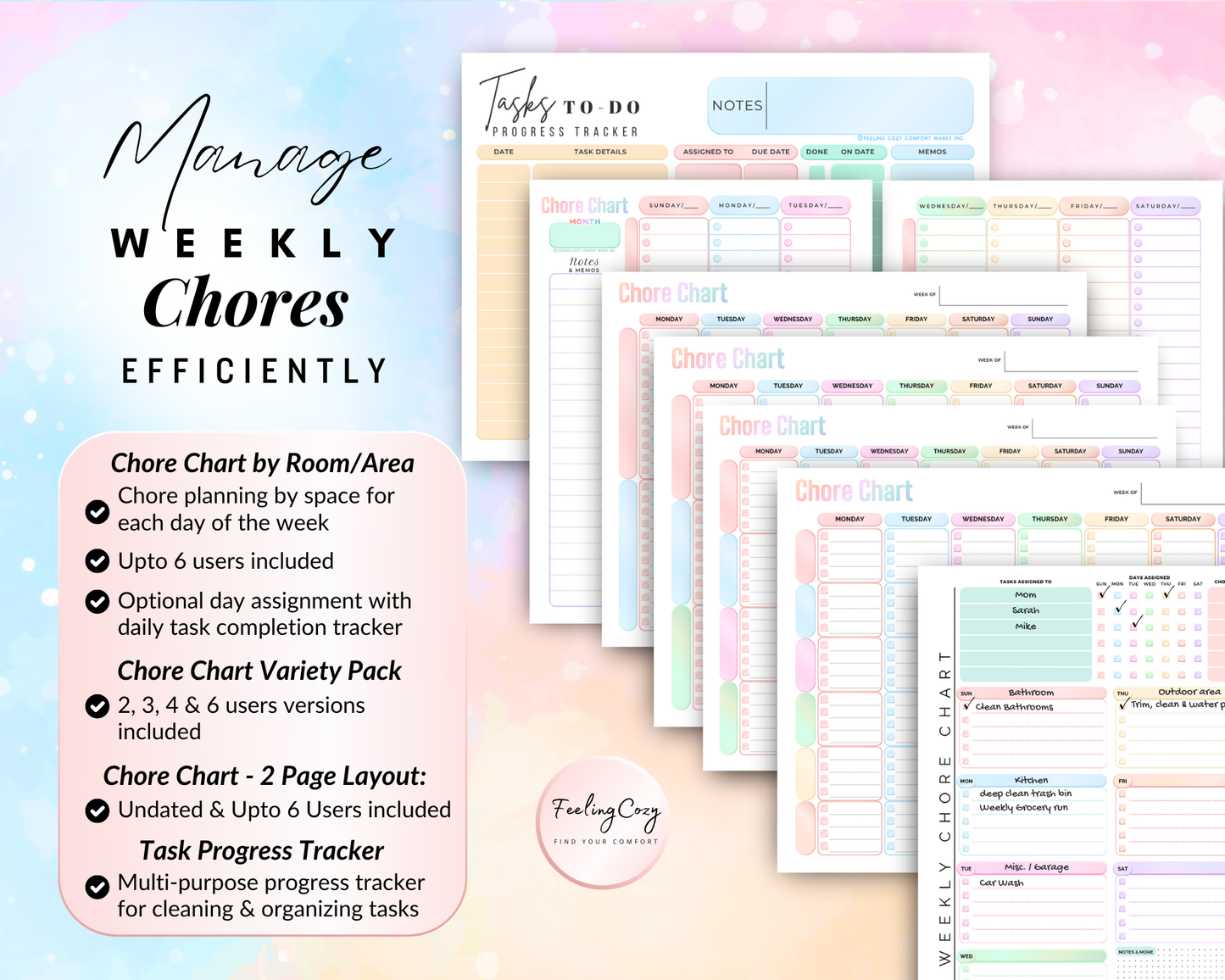 Efficient weekly chore management system for up to 6 users featuring room-based planning and a 2-page layout; includes a variety pack of chore charts and a multi-purpose task progress tracker for organized households.