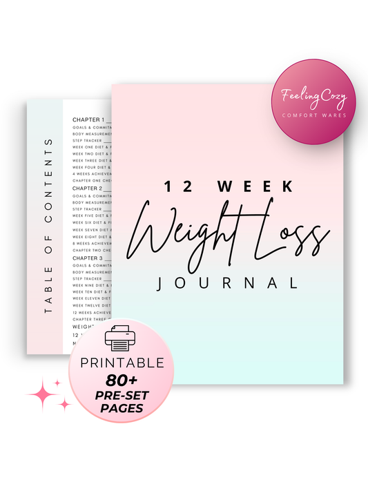 Ombre printable 12 week weight loss journal cover and table of contents, 80+ pre-set pages fitness meal planner by Feeling Cozy