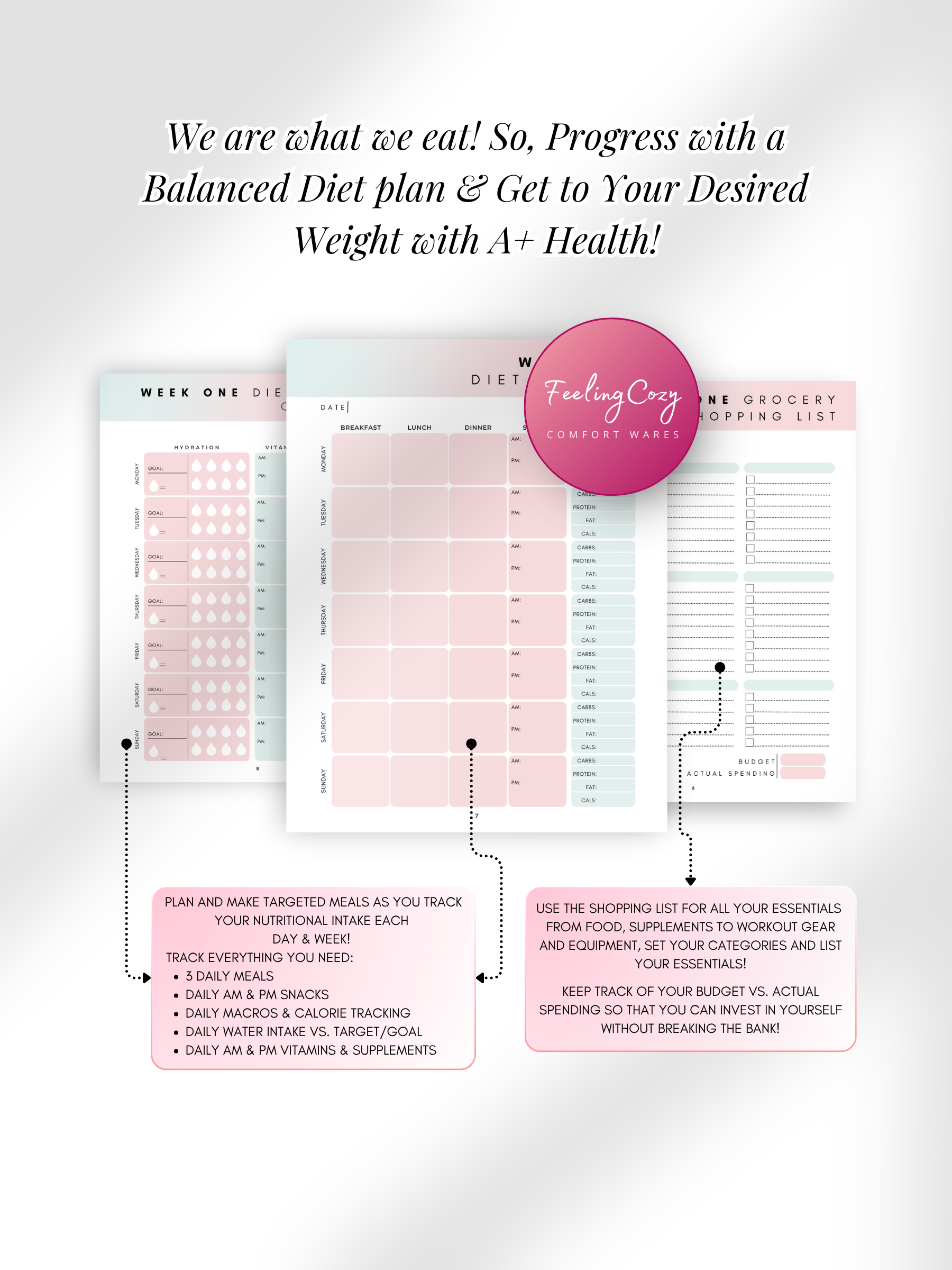 Ombre printable 12 week weight loss journal weekly diet journal, meal planner with macros and grocery shopping list by Feeling Cozy