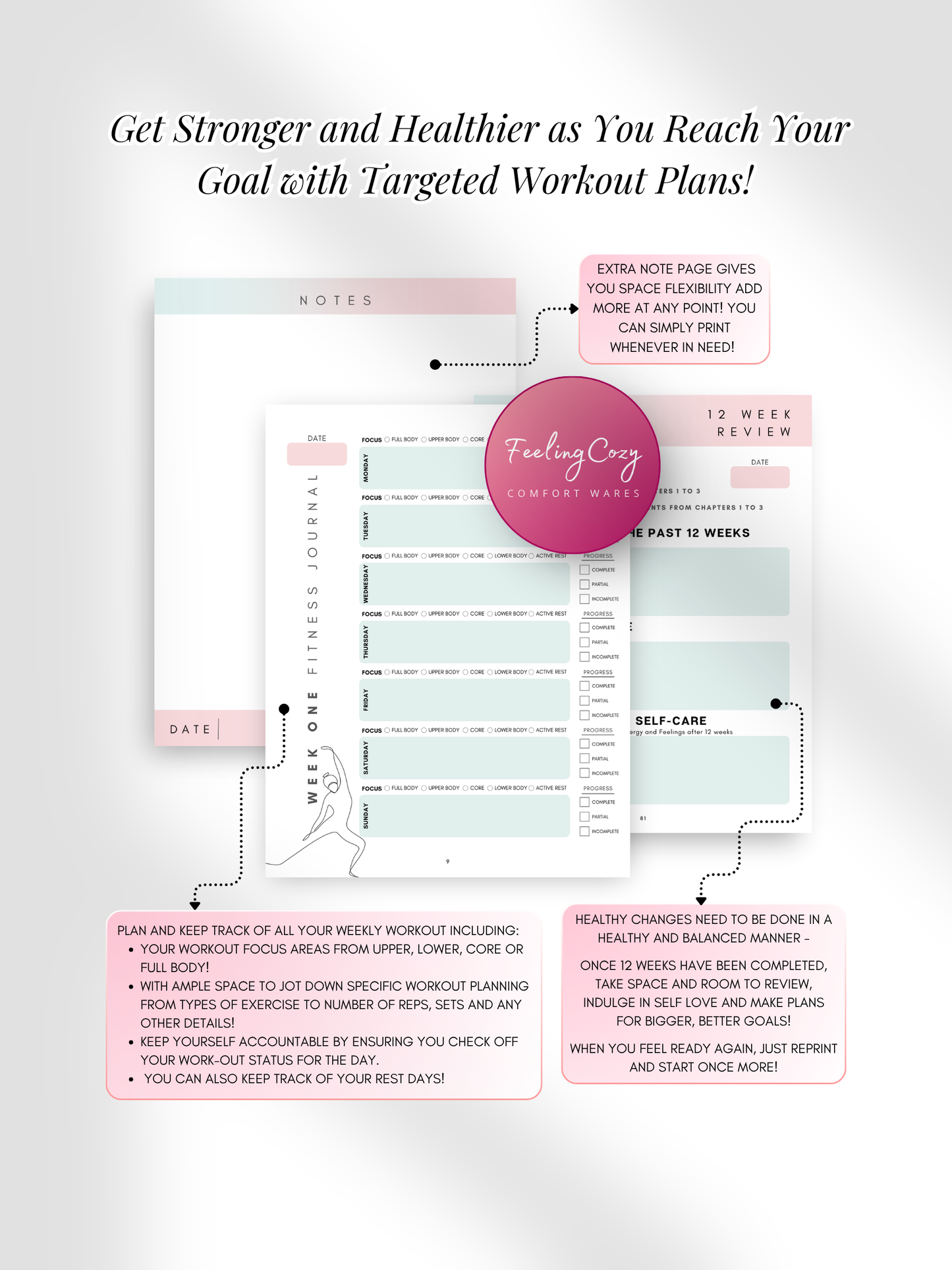 Ombre printable 12 week weight loss journal weekly fitness tracker, workout planner and 12 week review pages by Feeling Cozy