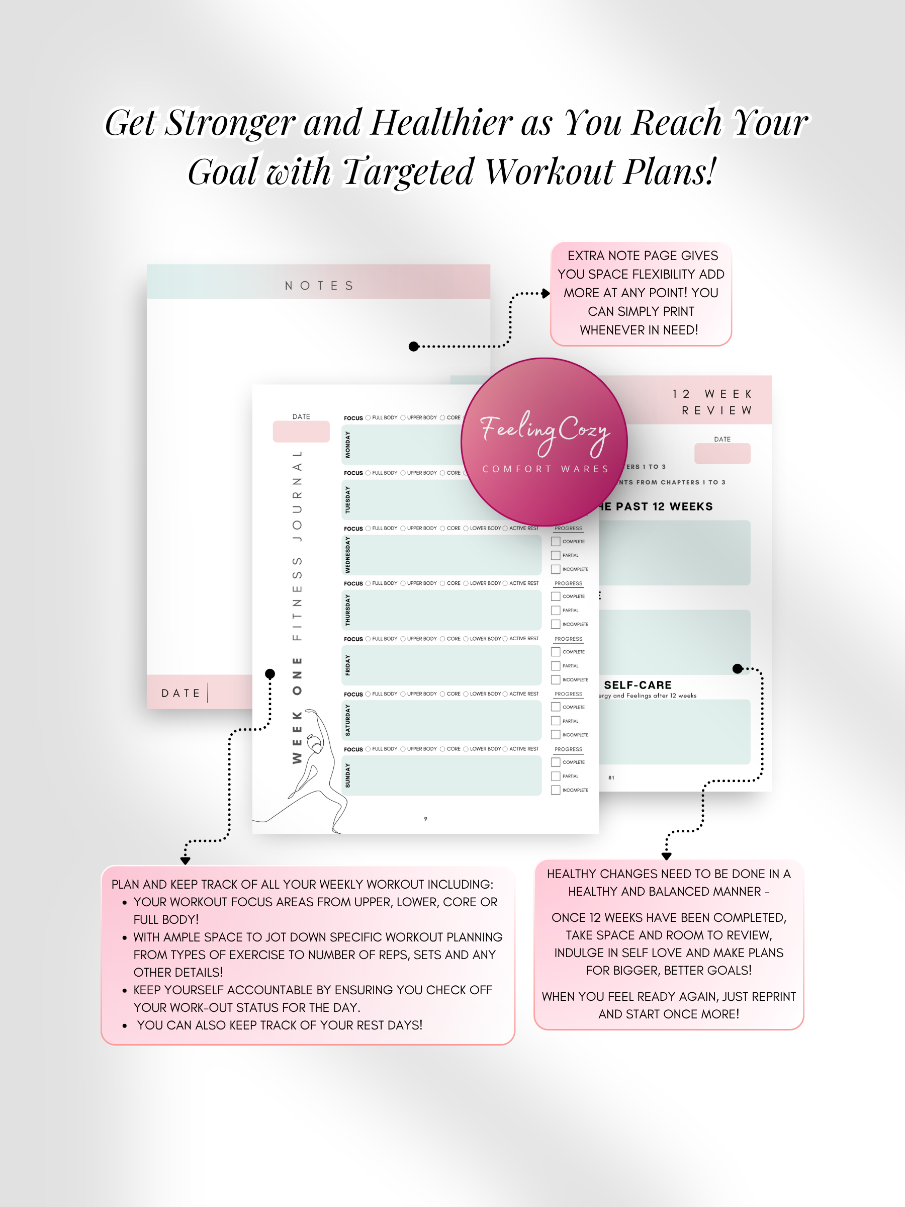 Ombre printable 12 week weight loss journal weekly fitness tracker, workout planner and 12 week review pages by Feeling Cozy