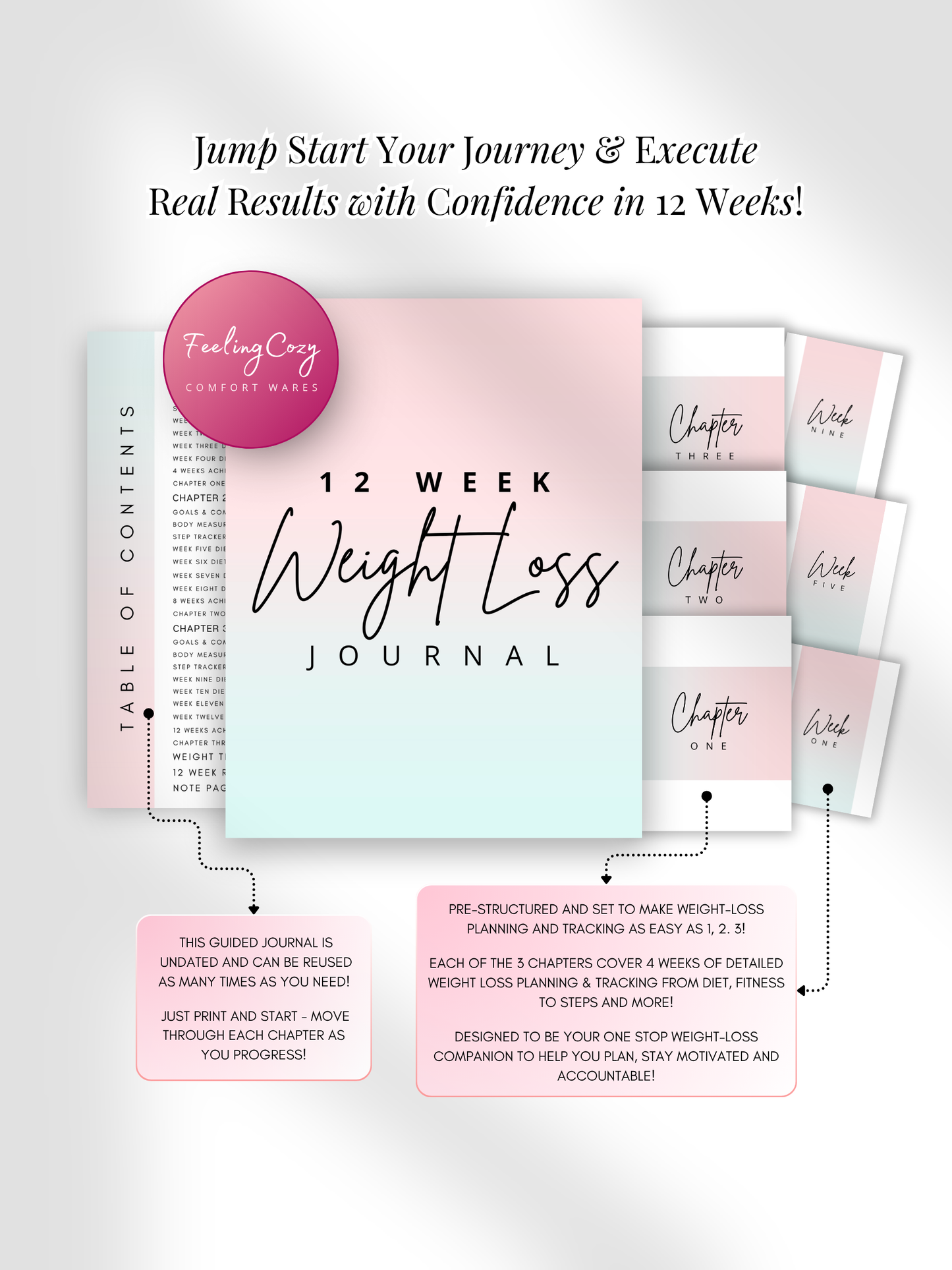 Ombre printable 12 week weight loss journal goals and commitments page, body measurement tracker and chapter checkpoint review by Feeling Cozy