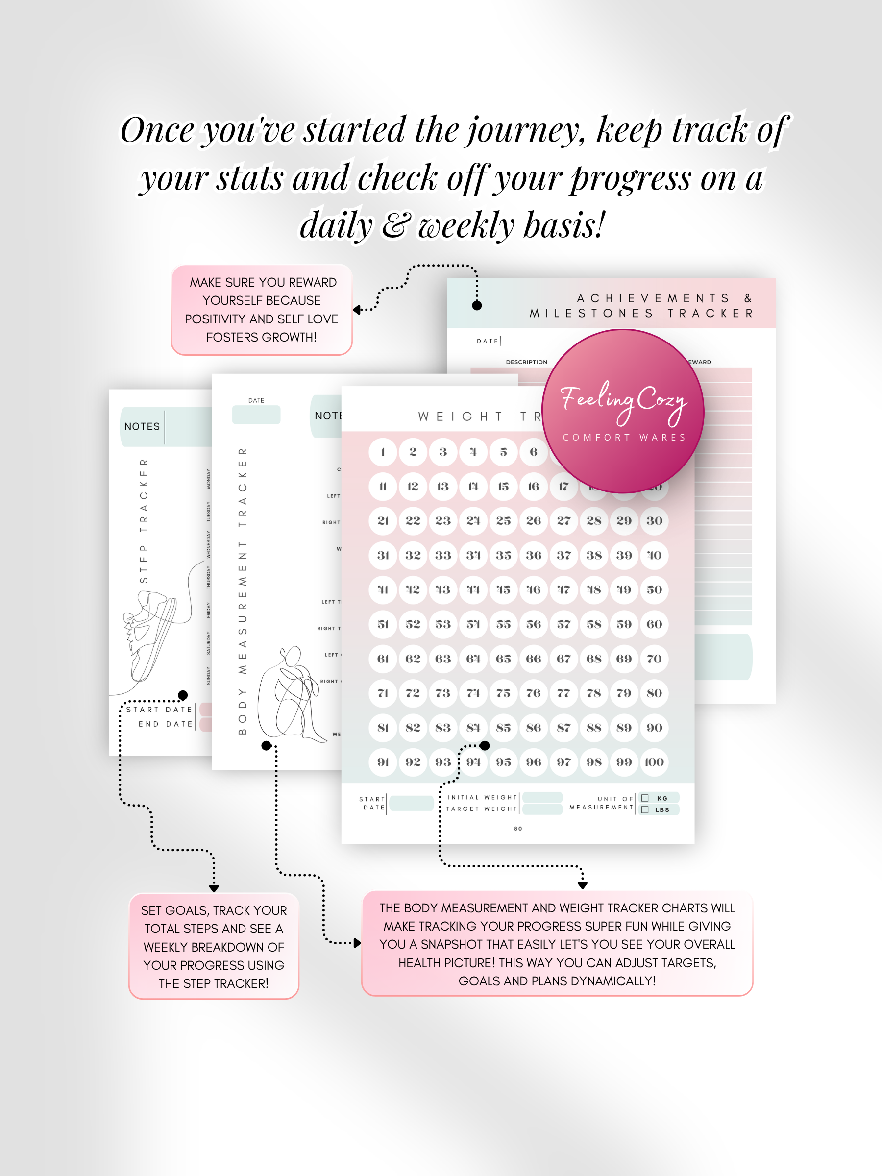 Ombre printable 12 week weight loss journal weight countdown tracker, body measurement tracker and step tracker pages by Feeling Cozy