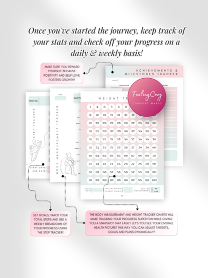 Ombre printable 12 week weight loss journal weight countdown tracker, body measurement tracker and step tracker pages by Feeling Cozy