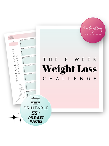 Ombre printable 8 week weight loss challenge cover and week one fitness challenge tracker, 55+ pre-set pages by Feeling Cozy