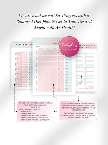 Ombre printable 8 week weight loss challenge weekly diet journal, meal planner with macros and grocery shopping list by Feeling Cozy