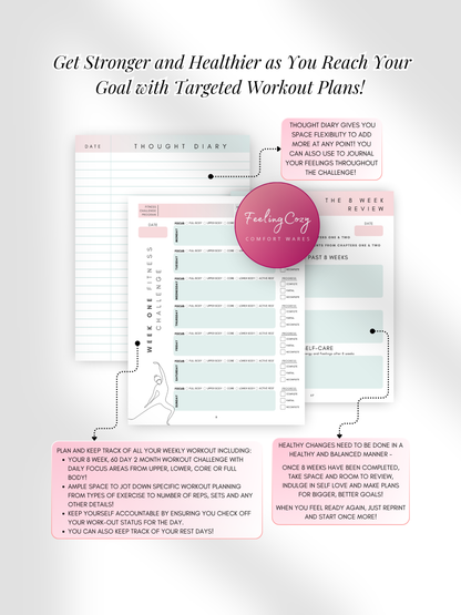 Ombre printable 8 week weight loss challenge weekly fitness tracker, thought diary and 8 week final review pages by Feeling Cozy