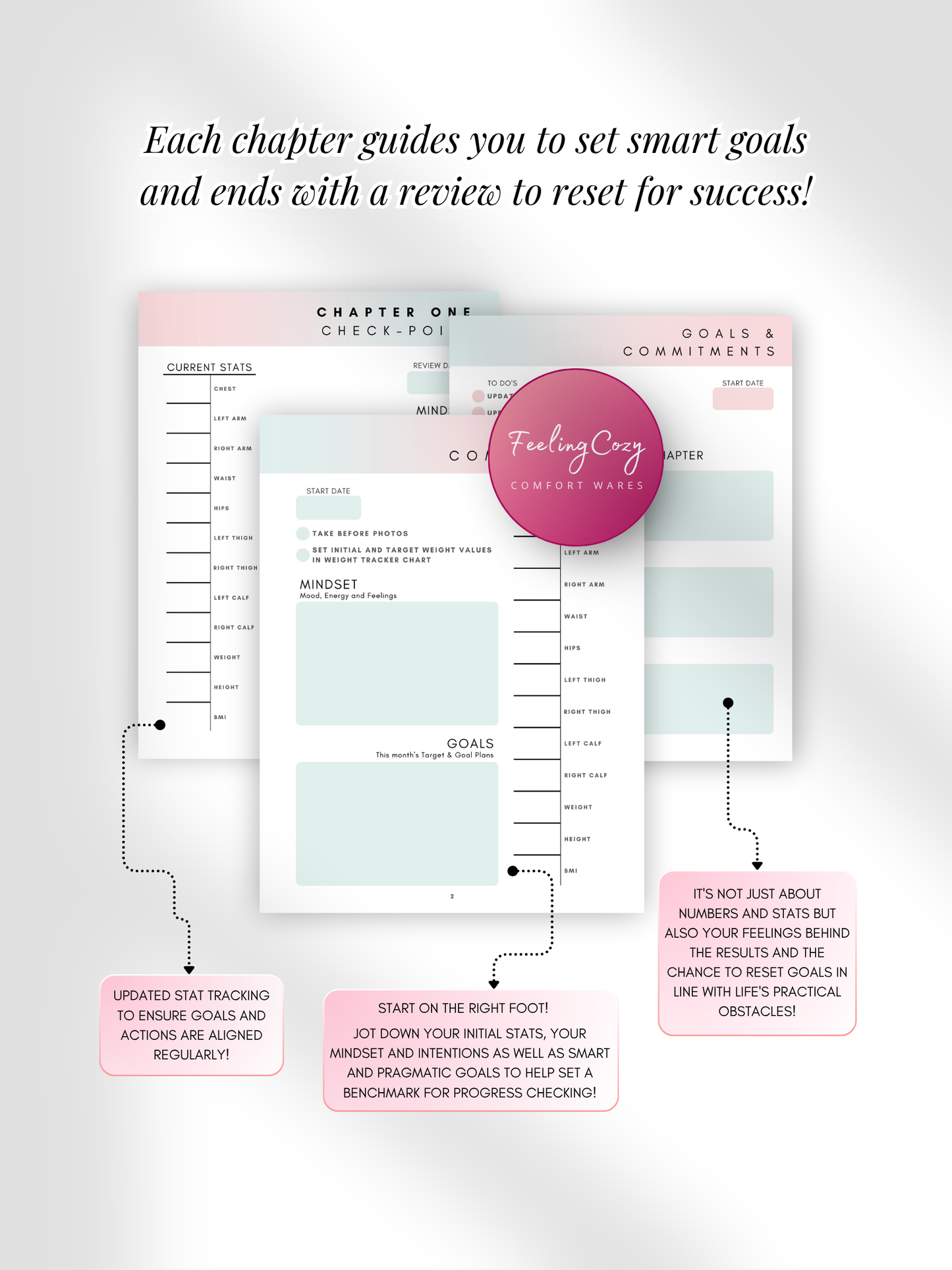 Ombre printable 8 week weight loss challenge goals and commitments page, body measurement tracker and chapter one checkpoint review by Feeling Cozy