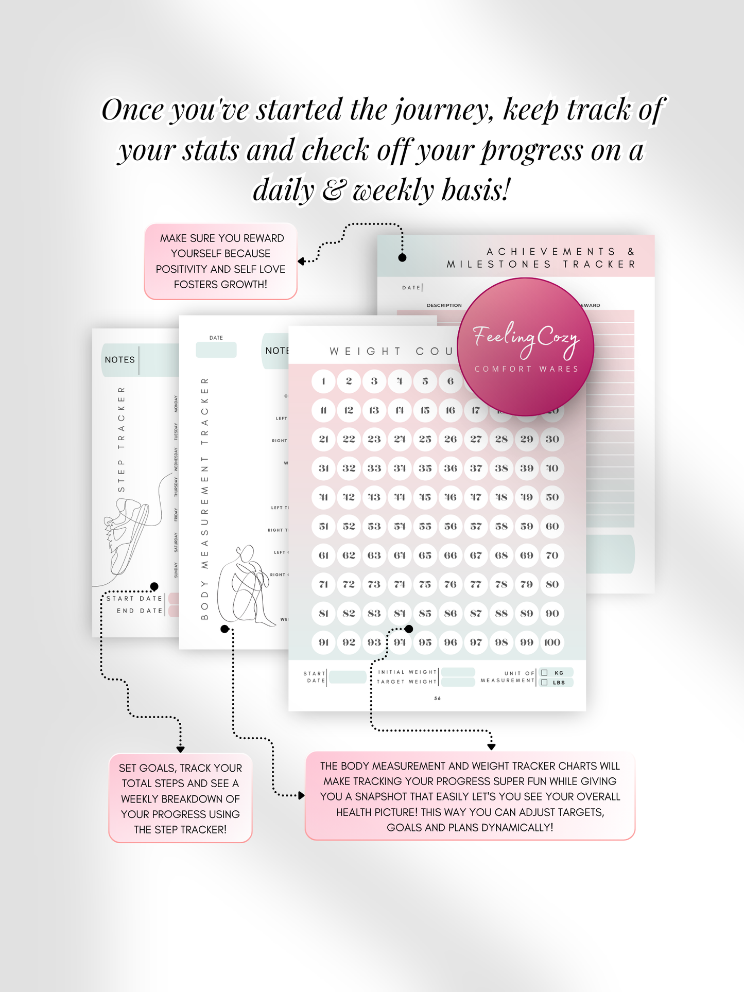 Ombre printable 8 week weight loss challenge weight countdown tracker, body measurement tracker and step tracker pages by Feeling Cozy