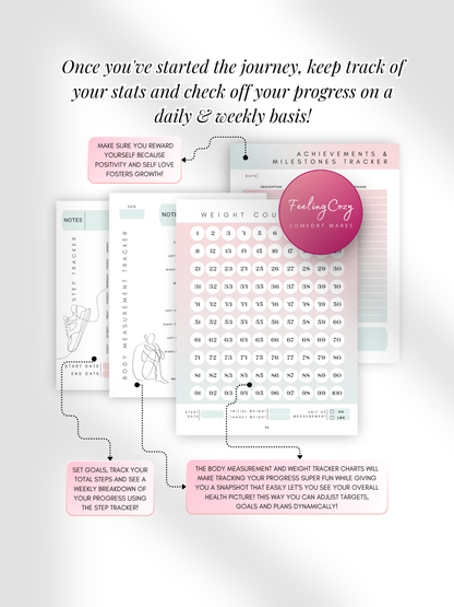 Ombre printable 8 week weight loss challenge weight countdown tracker, body measurement tracker and step tracker pages by Feeling Cozy
