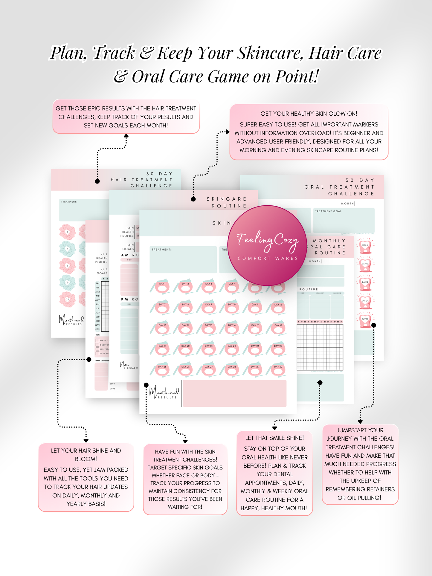 Ombre aesthetic Glow-Up Planner beauty journal pages, skincare, hair care and oral care routine tracker, printable PDF by Feeling Cozy