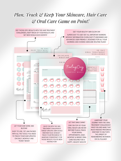 Ombre aesthetic Glow-Up Planner beauty journal pages, skincare, hair care and oral care routine tracker, printable PDF by Feeling Cozy