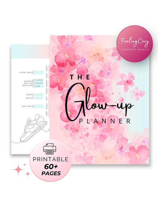 Ombre aesthetic Glow-Up Planner cover, printable PDF, 60+ pages fitness diet skincare mindset planner by Feeling Cozy