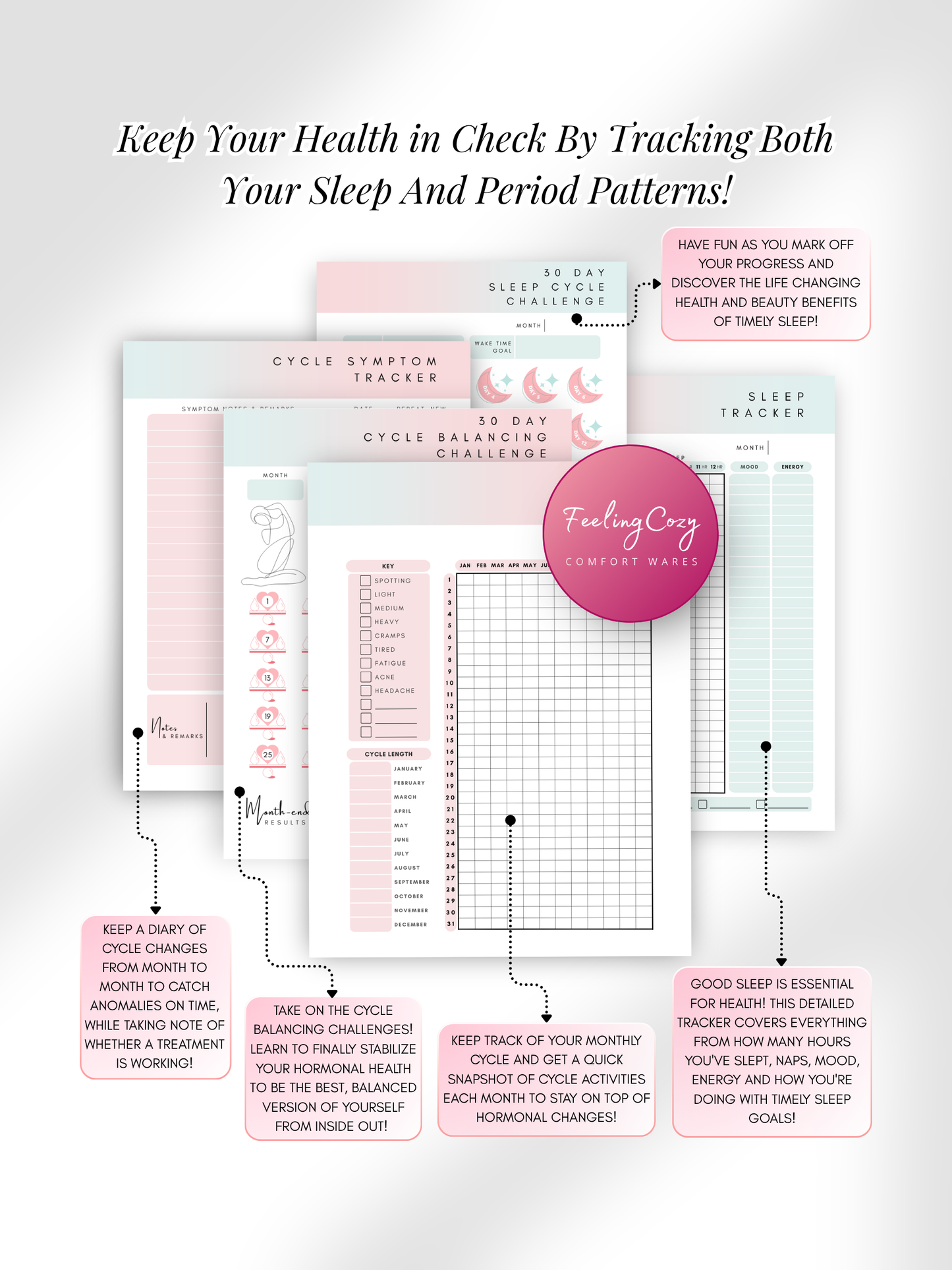 Ombre aesthetic Glow-Up Planner cycle and sleep health pages, period tracker and sleep tracker, printable PDF by Feeling Cozy