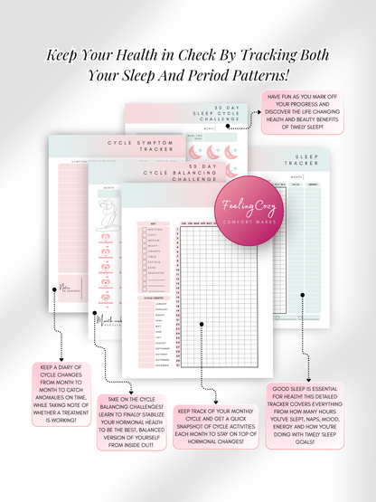 Ombre aesthetic Glow-Up Planner cycle and sleep health pages, period tracker and sleep tracker, printable PDF by Feeling Cozy