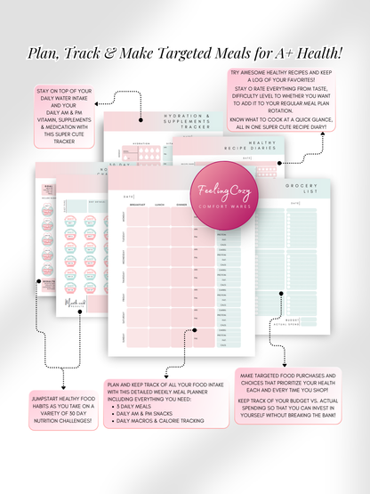 Ombre aesthetic Glow-Up Planner diet journal pages, weekly meal planner and grocery list tracker, printable PDF by Feeling Cozy
