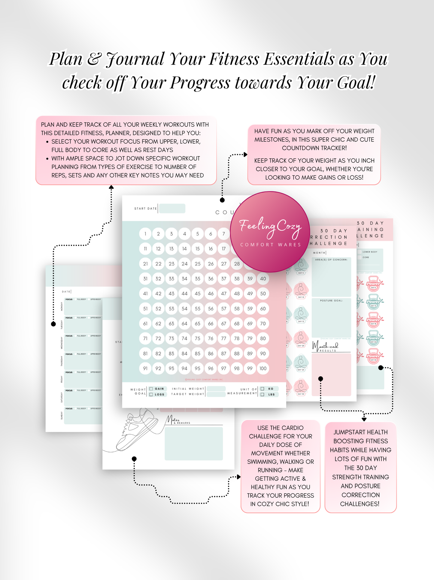 Ombre aesthetic Glow-Up Planner fitness journal pages, weight countdown tracker and 4 week cardio challenge, printable PDF by Feeling Cozy
