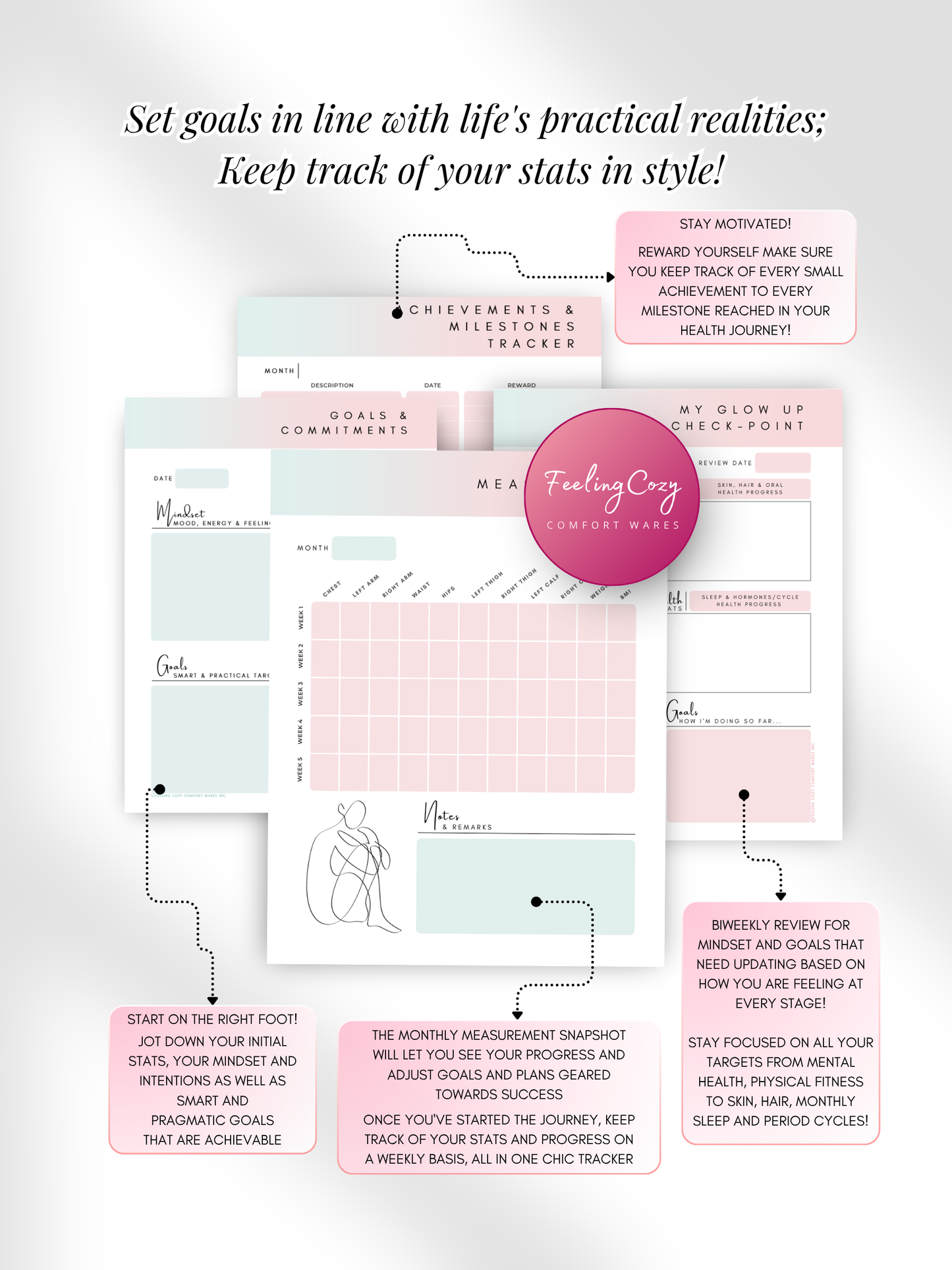 Ombre aesthetic Glow-Up Planner goal setting pages, body measurement tracker and achievements milestone tracker, printable PDF by Feeling Cozy