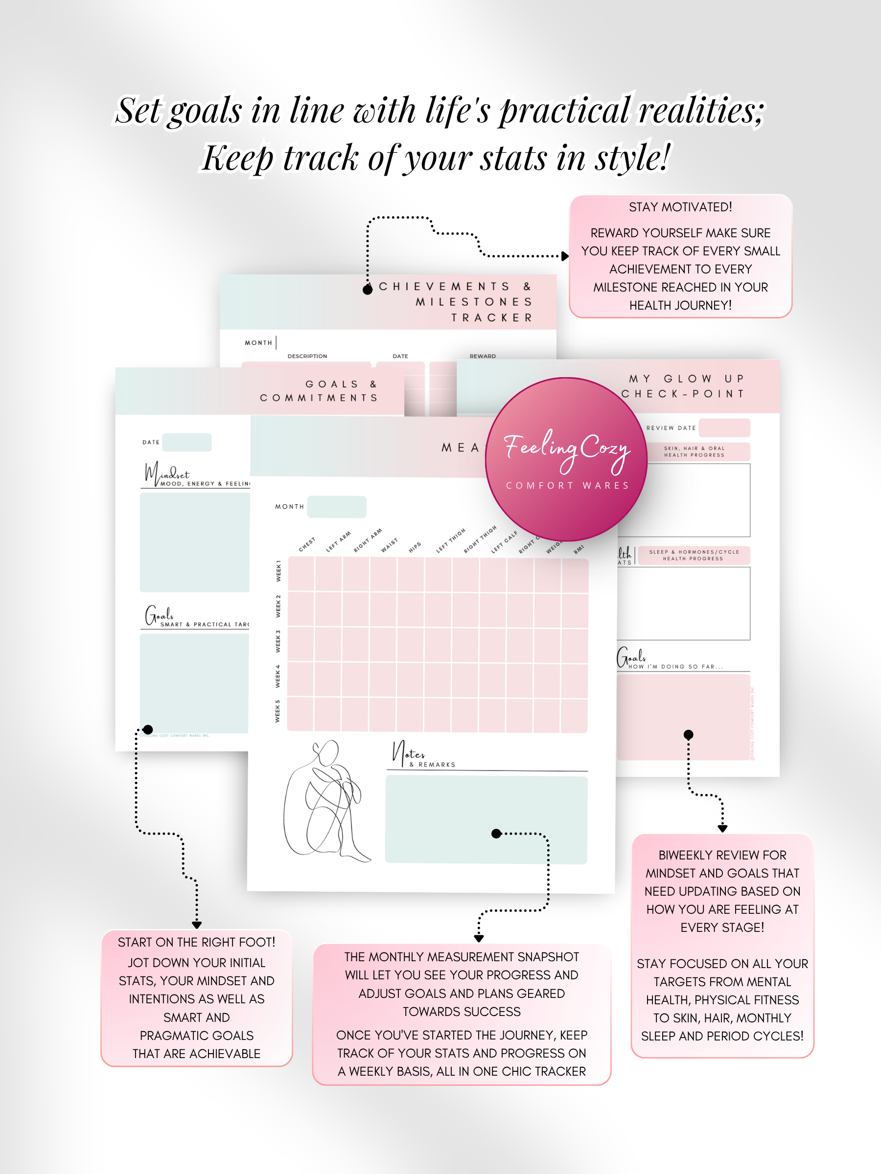 Ombre aesthetic Glow-Up Planner goal setting pages, body measurement tracker and achievements milestone tracker, printable PDF by Feeling Cozy