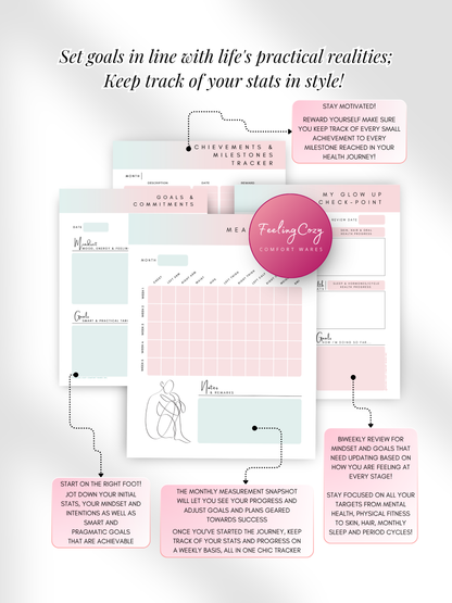 Ombre aesthetic Glow-Up Planner goal setting pages, body measurement tracker and achievements milestone tracker, printable PDF by Feeling Cozy