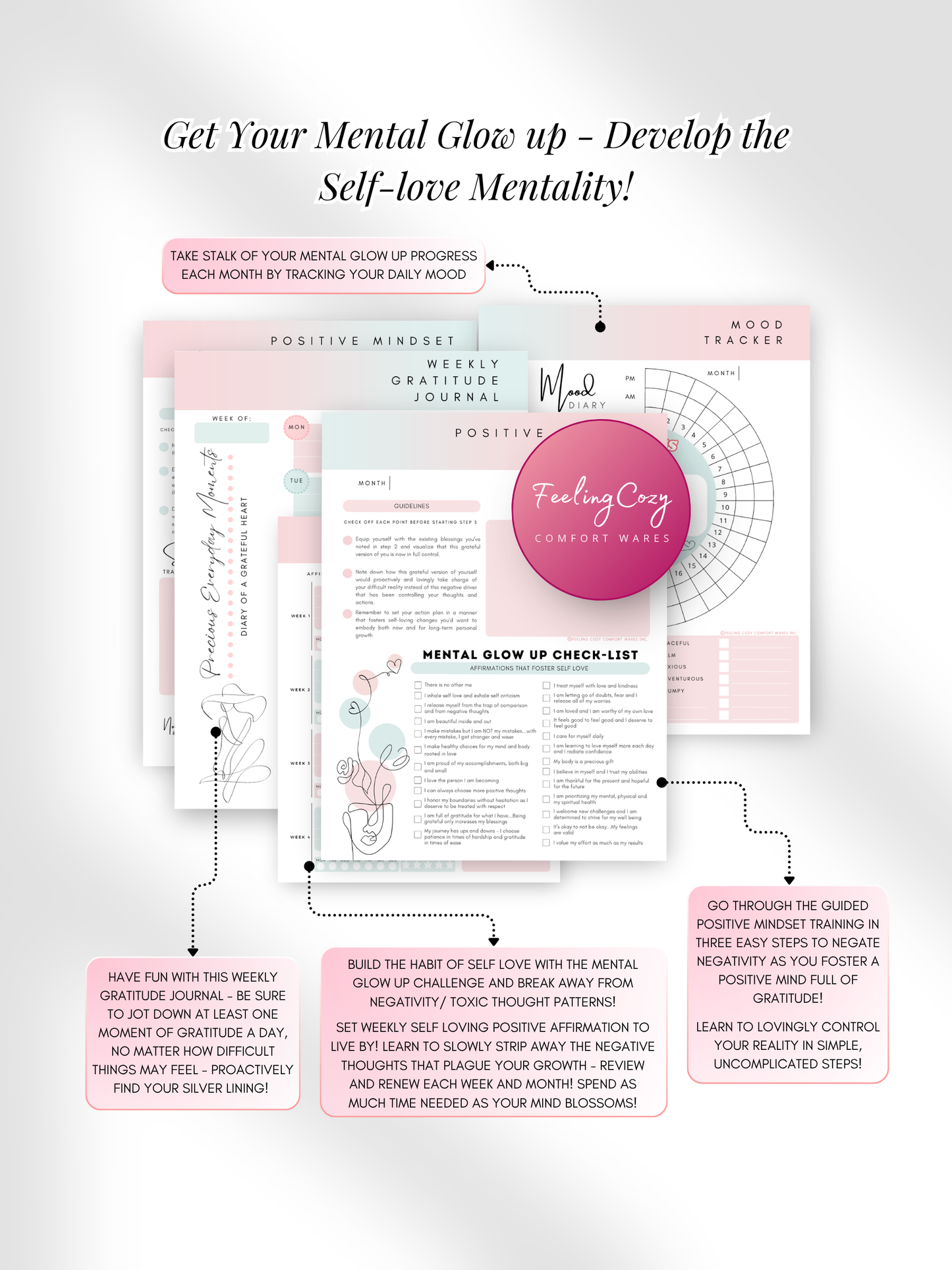 Ombre aesthetic Glow-Up Planner positive mindset pages, gratitude journal and mental glow-up checklist, printable PDF by Feeling Cozy