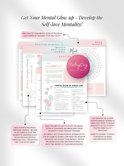 Ombre aesthetic Glow-Up Planner positive mindset pages, gratitude journal and mental glow-up checklist, printable PDF by Feeling Cozy