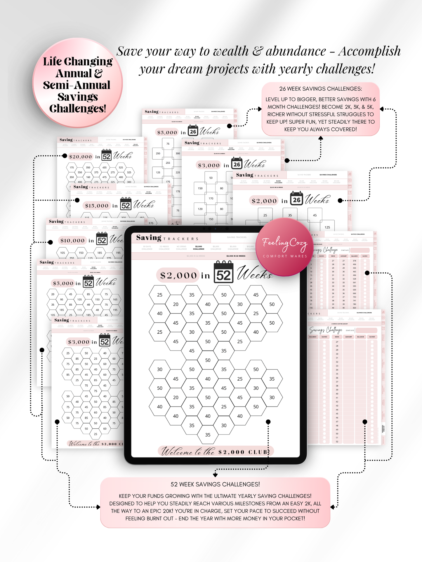 Pink aesthetic 52-week savings challenge tracker for iPad — hexagon-style coloring trackers for goals from $2,000 to $20,000 with 26-week and 52-week formats for Goodnotes and Notability by Feeling Cozy