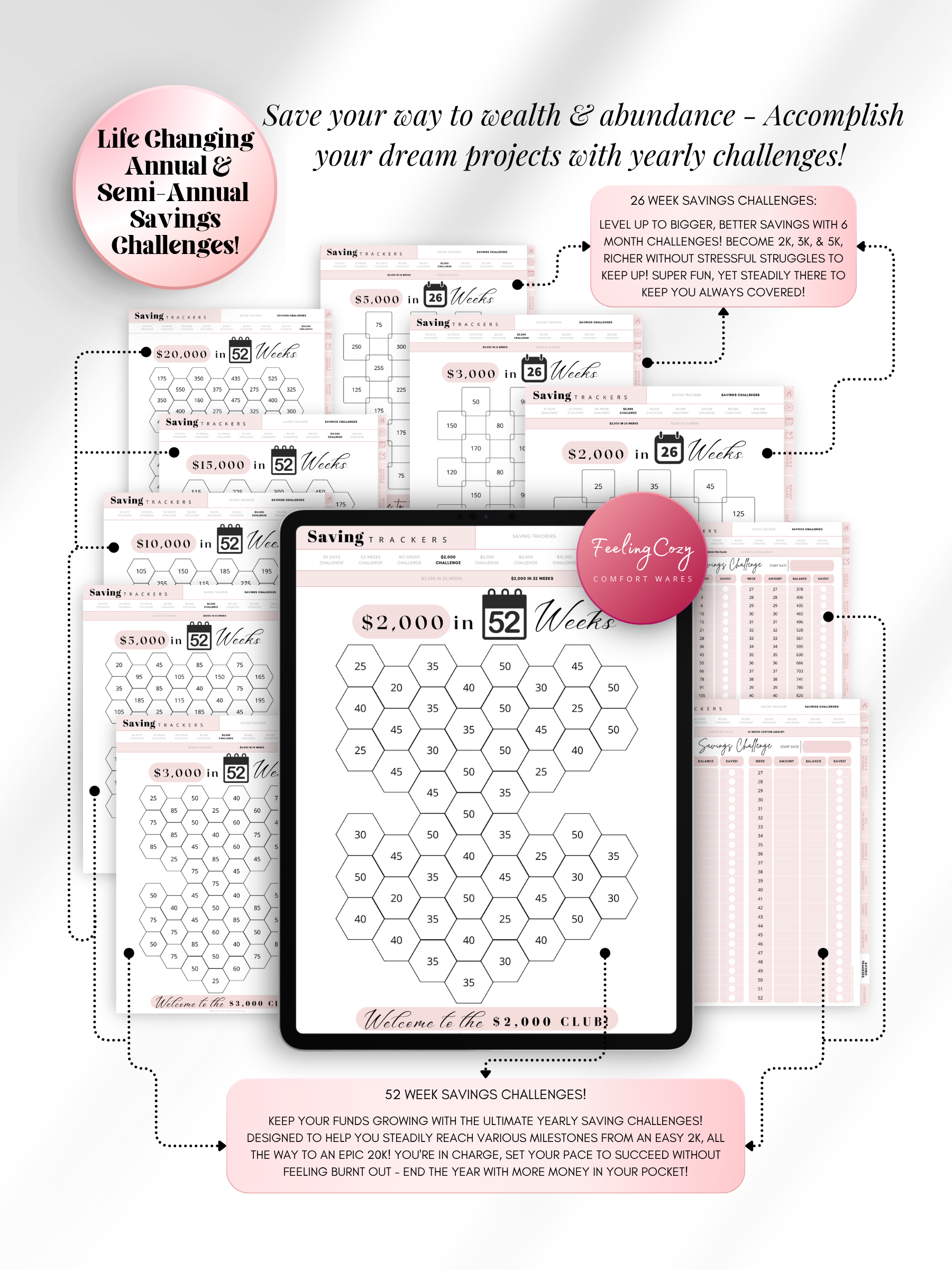Pink aesthetic 52-week savings challenge tracker for iPad — hexagon-style coloring trackers for goals from $2,000 to $20,000 with 26-week and 52-week formats for Goodnotes and Notability by Feeling Cozy