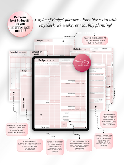 Aesthetic pink digital budget planner with 4 budgeting styles — paycheck, bi-weekly, and monthly planning layouts for iPad, GoodNotes, and Notability. Includes 2026 and 2027 dated calendars by Feeling Cozy