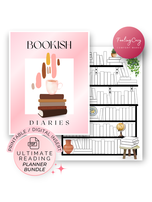 Pink aesthetic Bookish Diaries printable reading journal cover and color-in bookshelf page, ultimate reading planner bundle by Feeling Cozy