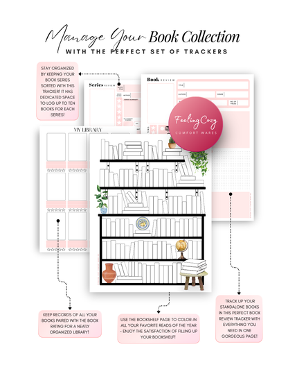 Pink aesthetic Bookish Diaries library tracker, series review and book review template pages, printable reading journal by Feeling Cozy