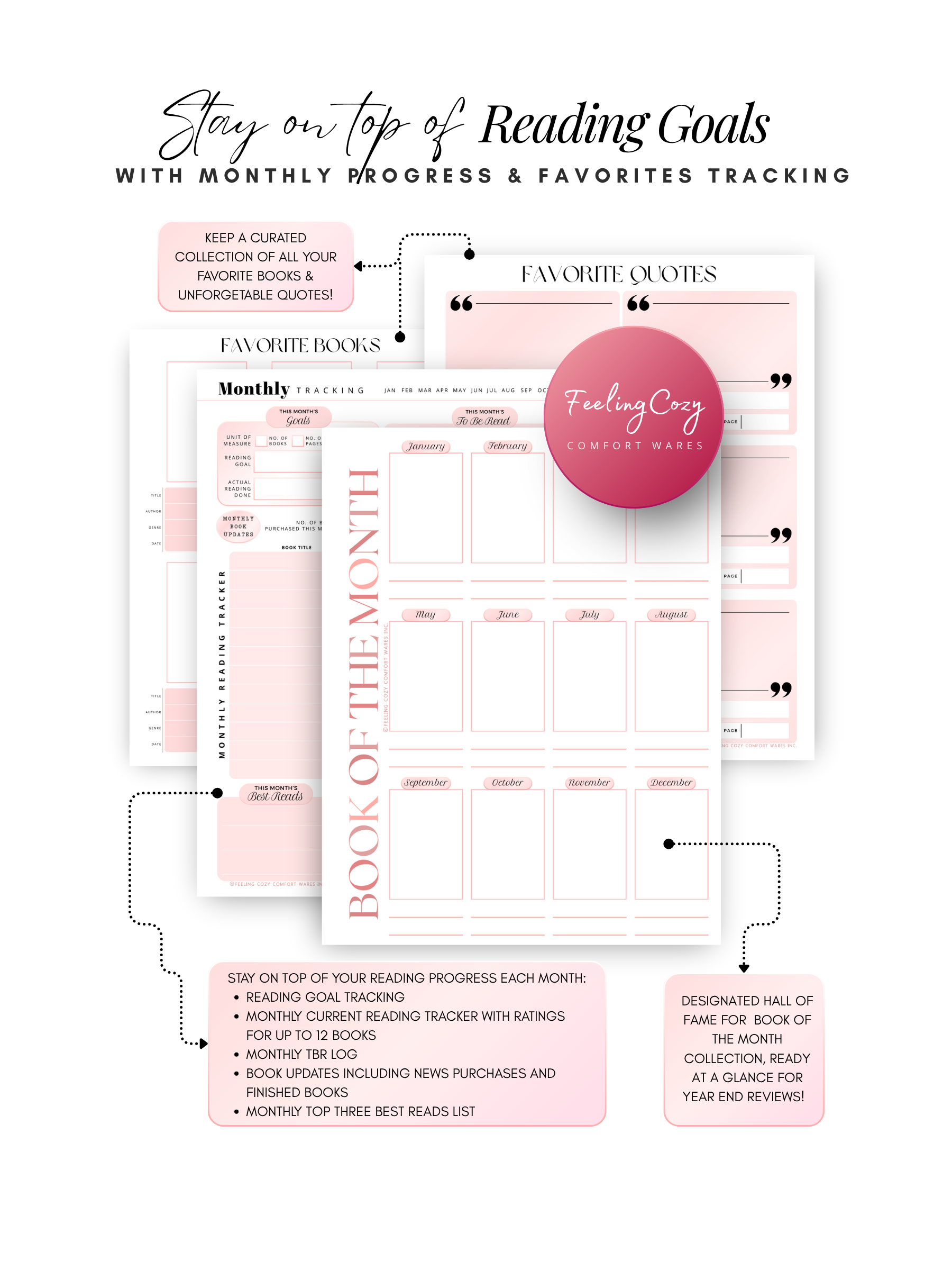Pink aesthetic Bookish Diaries monthly reading tracker, book of the month dashboard and favorite quotes diary, printable reading journal by Feeling Cozy