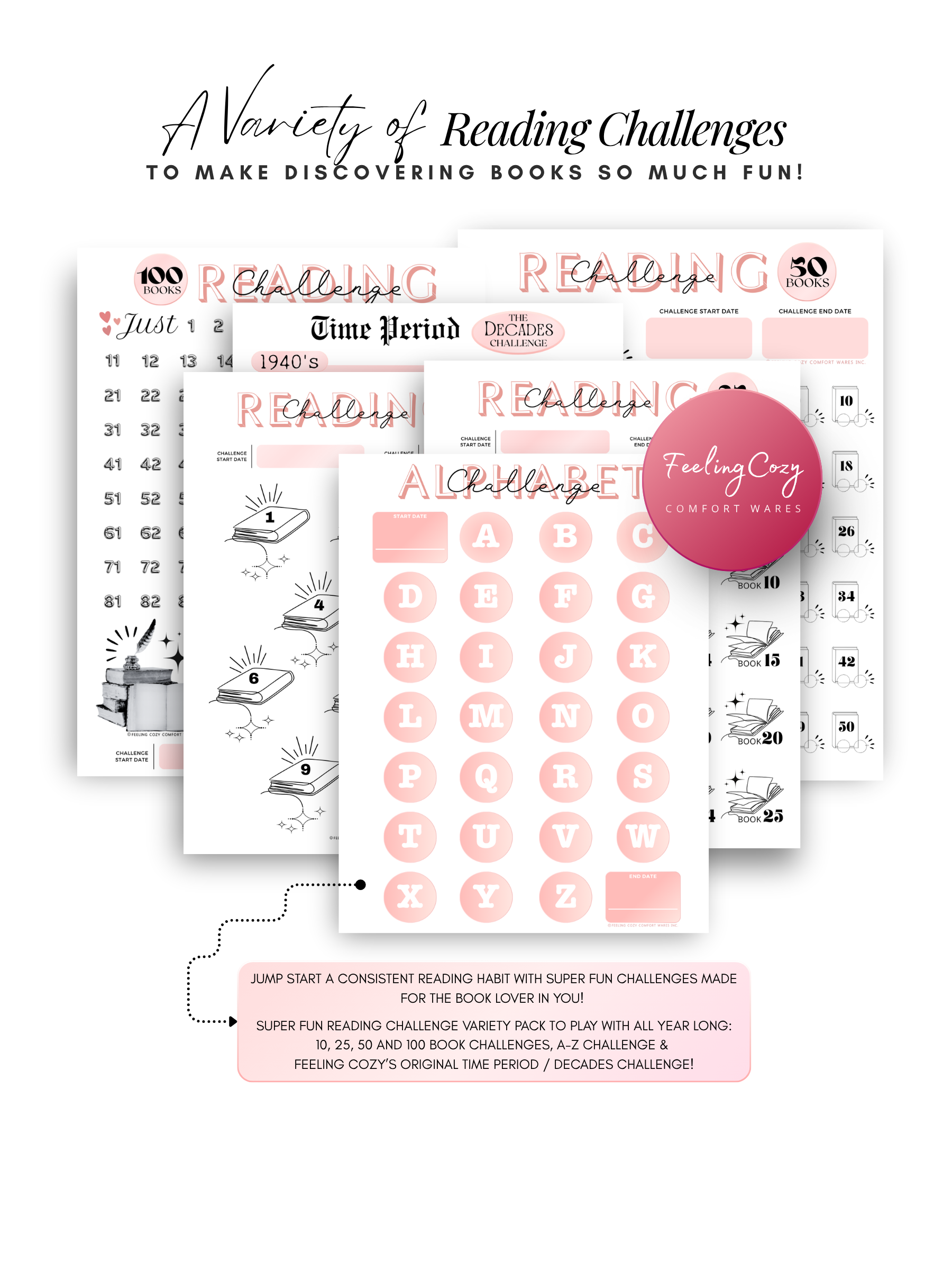 Pink aesthetic Bookish Diaries reading challenges, 10 to 100 book challenge, A-Z challenge and time period decades challenge, printable reading journal by Feeling Cozy