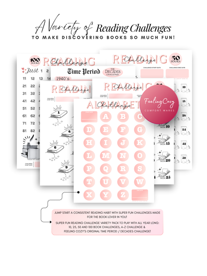Pink aesthetic Bookish Diaries reading challenges, 10 to 100 book challenge, A-Z challenge and time period decades challenge, printable reading journal by Feeling Cozy