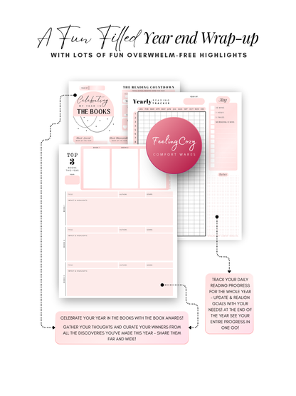 Pink aesthetic Bookish Diaries yearly wrap-up, book awards and yearly reading tracker, printable reading journal by Feeling Cozy