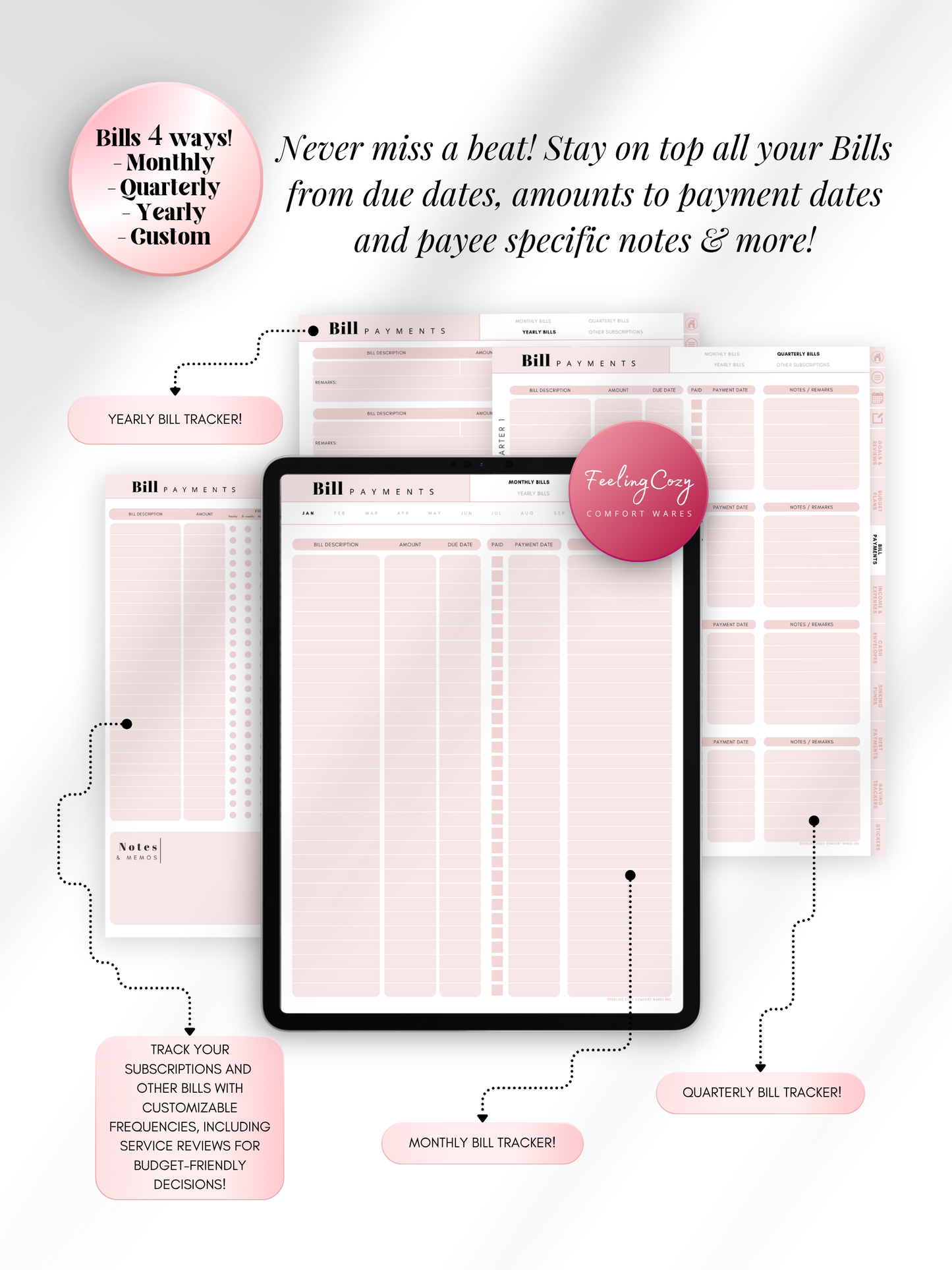 Pink aesthetic digital bill payment tracker for iPad — monthly, quarterly, yearly and custom bill trackers with due date logs, subscription management, and payee notes for Goodnotes by Feeling Cozy